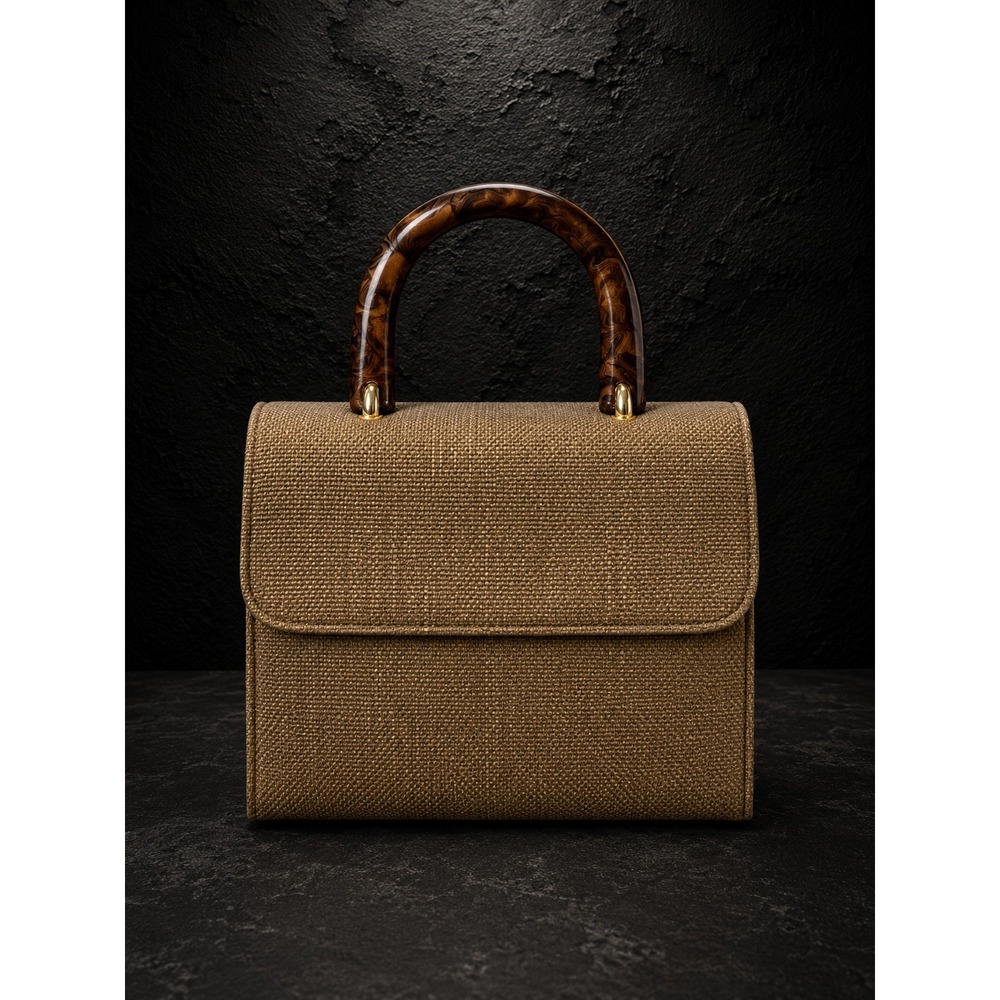 Structured Top Handle Purse Tortoise Acrylic Handle Neutral Woven Handbag
